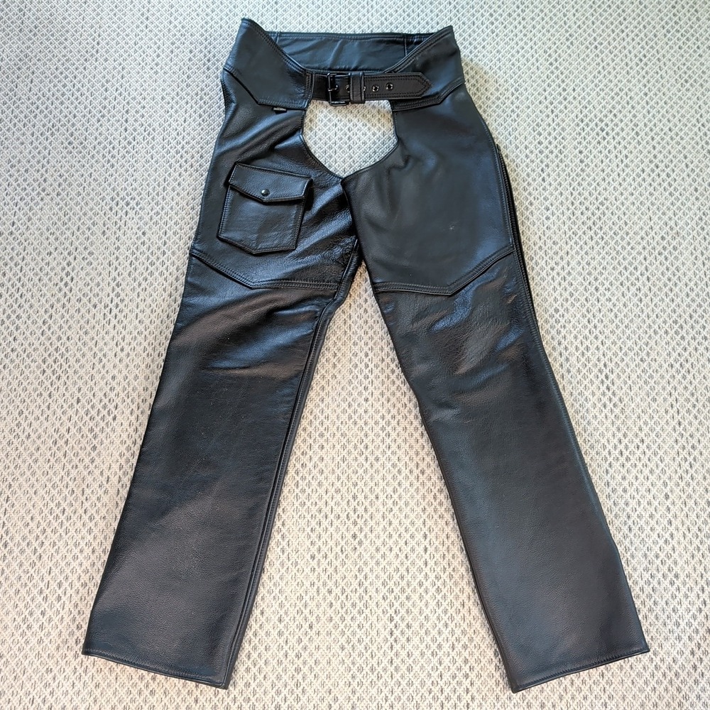 Vtg 90s JUST LEATHER Black Motorcycle CHAPS Handmade USA Mens Large 36-40x35 EUC